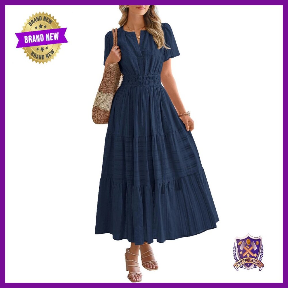 Lightweight Midi Maxi Dress With Pockets, Elastic Waist, V-Neck